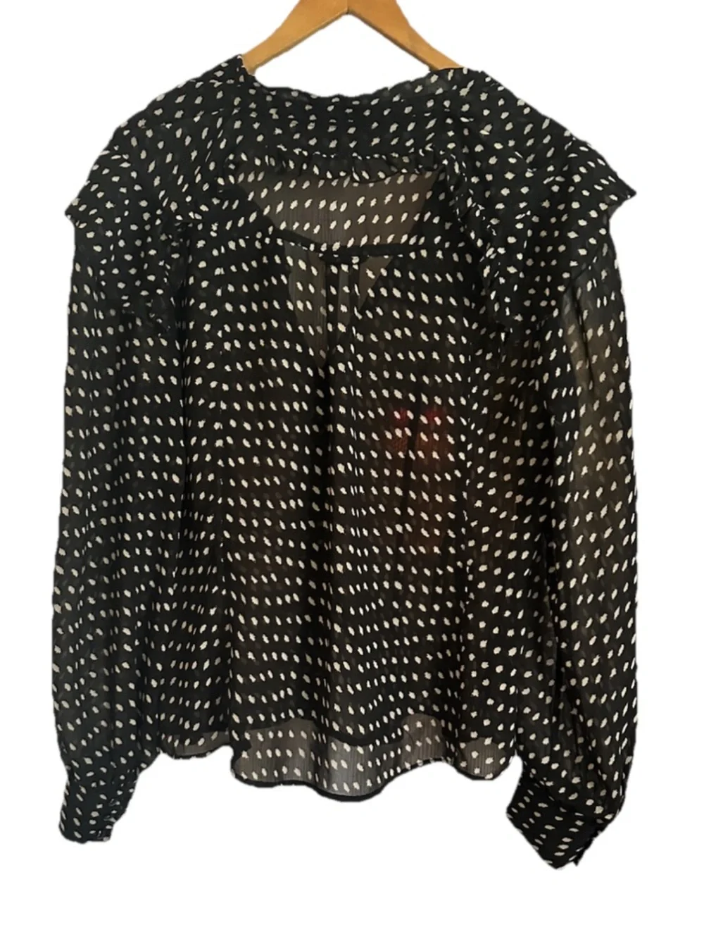 JM Collection Black Blouse with White Dot Print and Ruffle Detail - Picture 2 of 4